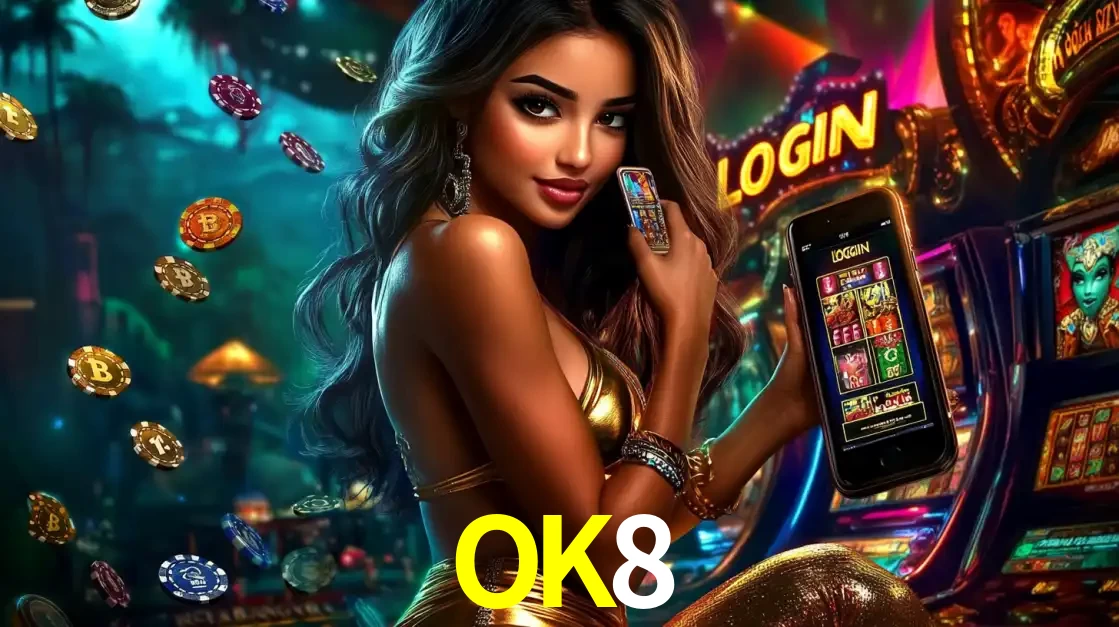 Mulher em um cenário de cassino temático de aventura, mostrando o app de caça-níqueis da OK8 no celular. Fichas de apostas flutuam ao redor.