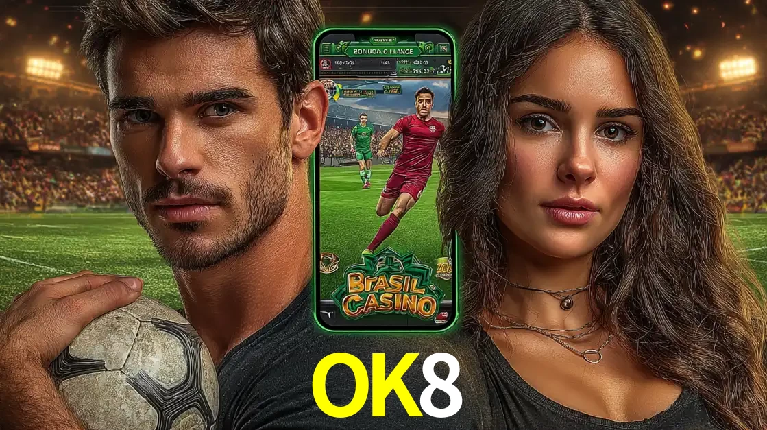 Homem segurando uma bola de futebol e uma mulher ao lado de um smartphone exibindo o jogo de apostas esportivas da OK8. Faça seu palpite no cassino online.